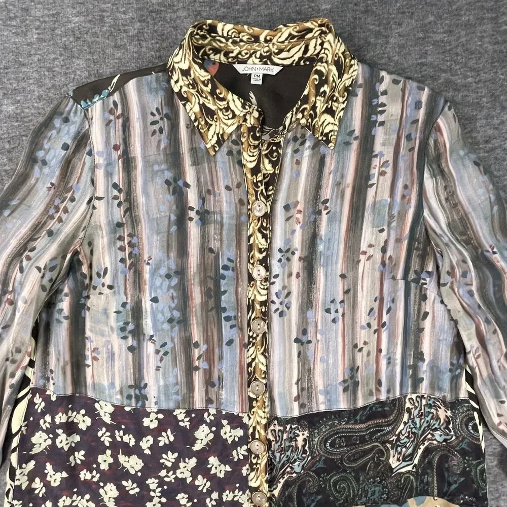 John Mark PM Mixed Print Patchwork Tunic Roll Tab Button Down Blouse Bird Artsy - Picture 10 of 14